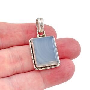 Vintage Sterling Silver 925 Blue Agate Rope Bezel Rectangle Pendant